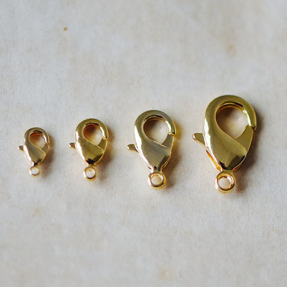 20pcs Gold/ Silver/ Rose Gold Lobster Claw Clasps, 10/ 12/ 15/ 19mm Multi Sizes, Real Gold plated Brass, Necklace Bracelet Clasps (GB-027)