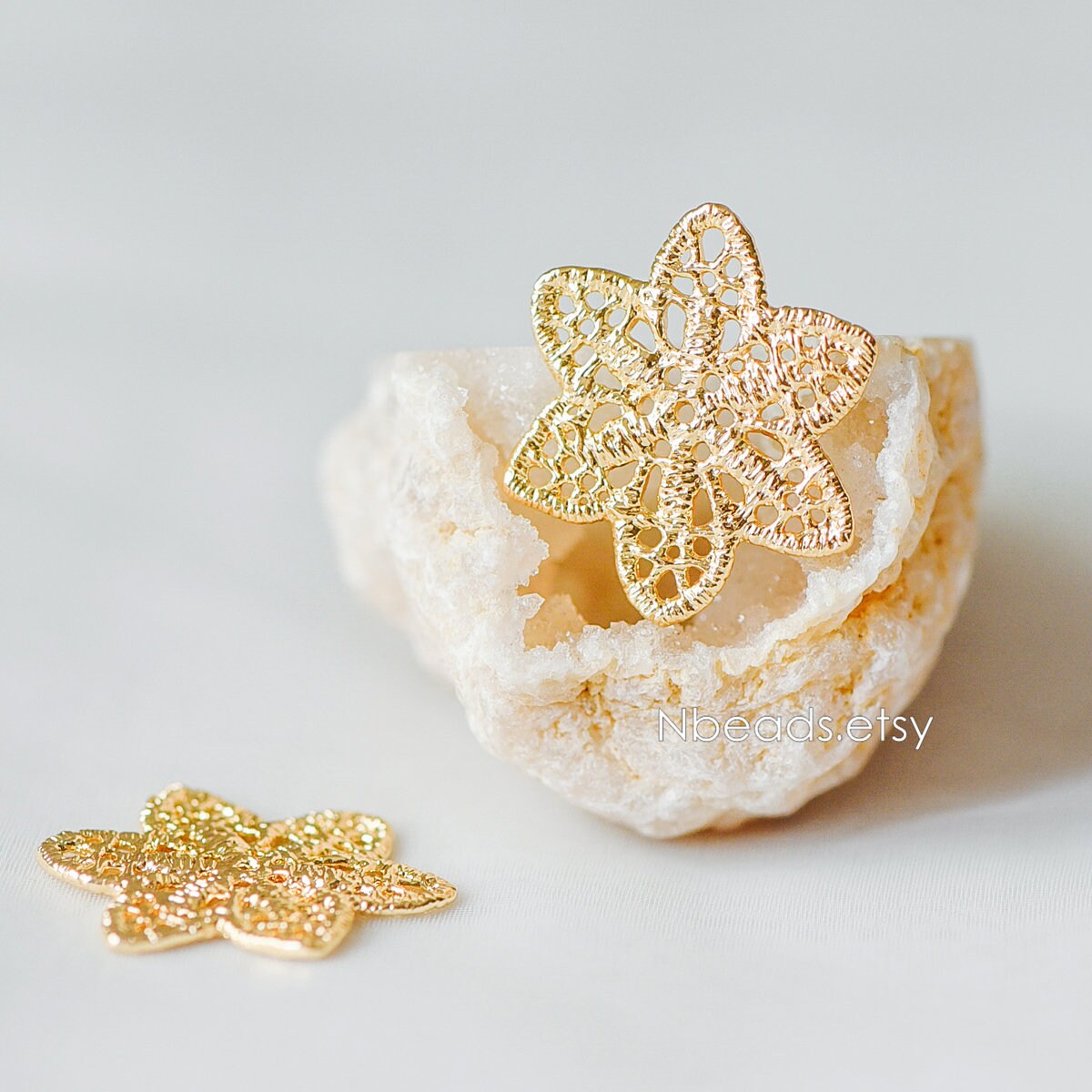 10pcs Gold Filigree Flower Charm Pendants 25mm, Real Gold plated Brass Connectors with Multi Loops (GB-890-B)