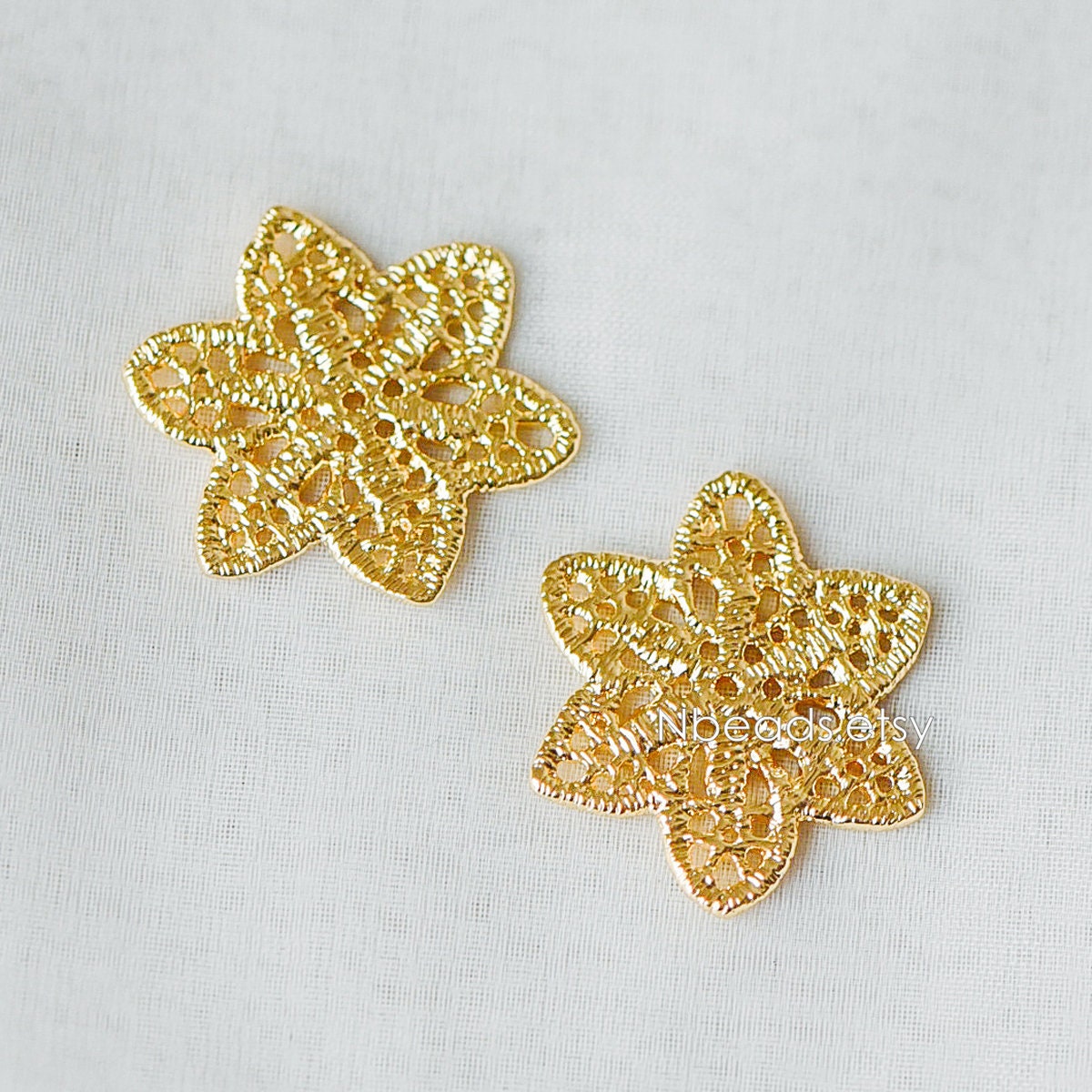 10pcs Gold Filigree Flower Charm Pendants 25mm, Real Gold plated Brass Connectors with Multi Loops (GB-282)