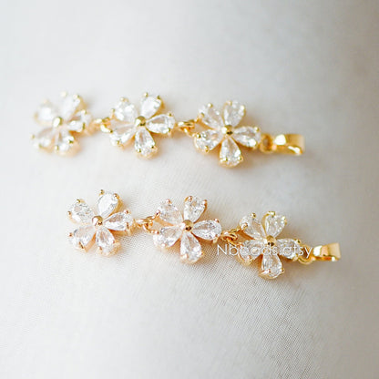 4pcs CZ Pave Gold Flower Pendants 45x11mm, Real Gold plated Brass, Lead Nickel Free (GB-3037-E)