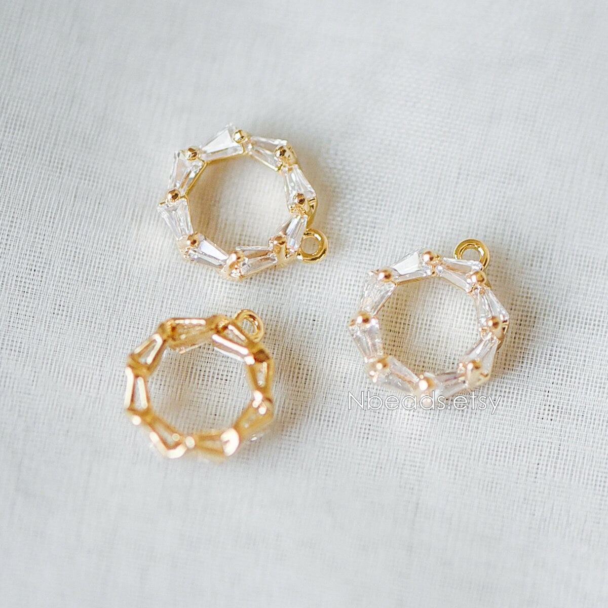 10pcs CZ Pave Gold Circle Charm Pendants 12x10mm, Real Gold plated Brass, Color Not Easily Tarnish (GB-342-3)