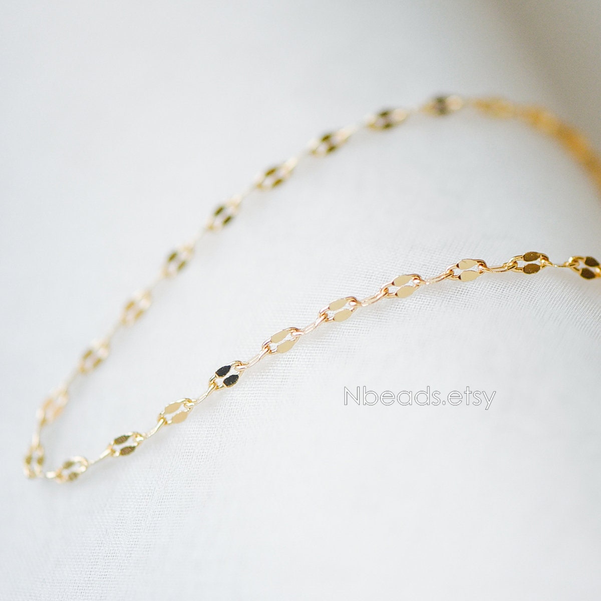 Gold Flat Cable Chains 1.6/ 2.1/ 2.3mm, 18K Gold plated Brass, Dainty Oval Linked Chains (#LK-163)/ 1 Meter=3.3 ft