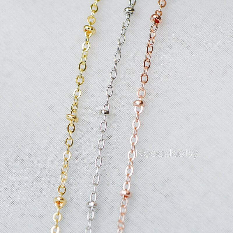 Satellite Chains Wholesale, 1.7mm Cable Chain with 2.2mm Beads, Gold/ Silver/ Rose Gold plated Brass (#LK-169)/ 1 Meter=3.3 ft