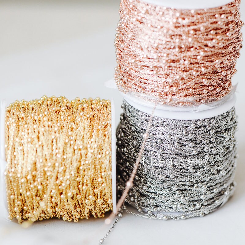 Gold/ Silver/ Rose Gold Satellite Chains, 1.1mm Chain with 2.5mm Round Beads, Color Not Easily Tarnish (#LK-170)/ 1 Meter=3.3 ft
