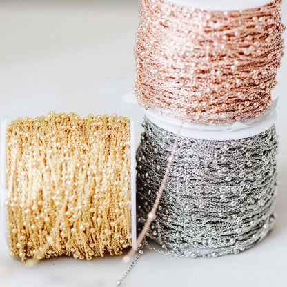 Gold/ Silver/ Rose Gold Satellite Chains, 1.1mm Chain with 2.5mm Round Beads, Color Not Easily Tarnish (#LK-170)/ 1 Meter=3.3 ft