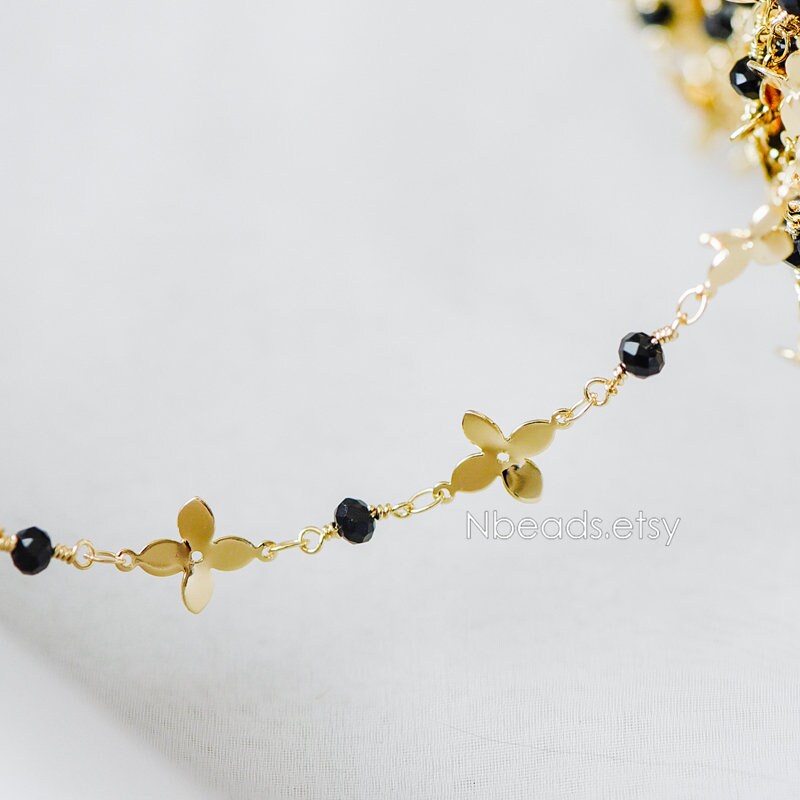 Crystal Glass Bead Chain with 11mm Flower, Gold plated Brass Designer Chain, Color Not Easily Tarnish (#LK-172)/ 1 Meter=3.3ft