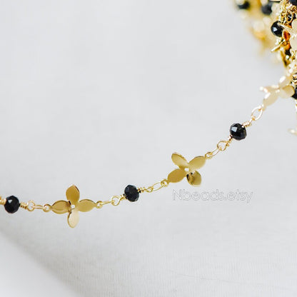 Crystal Glass Bead Chain with 11mm Flower, Gold plated Brass Designer Chain, Color Not Easily Tarnish (#LK-172)/ 1 Meter=3.3ft