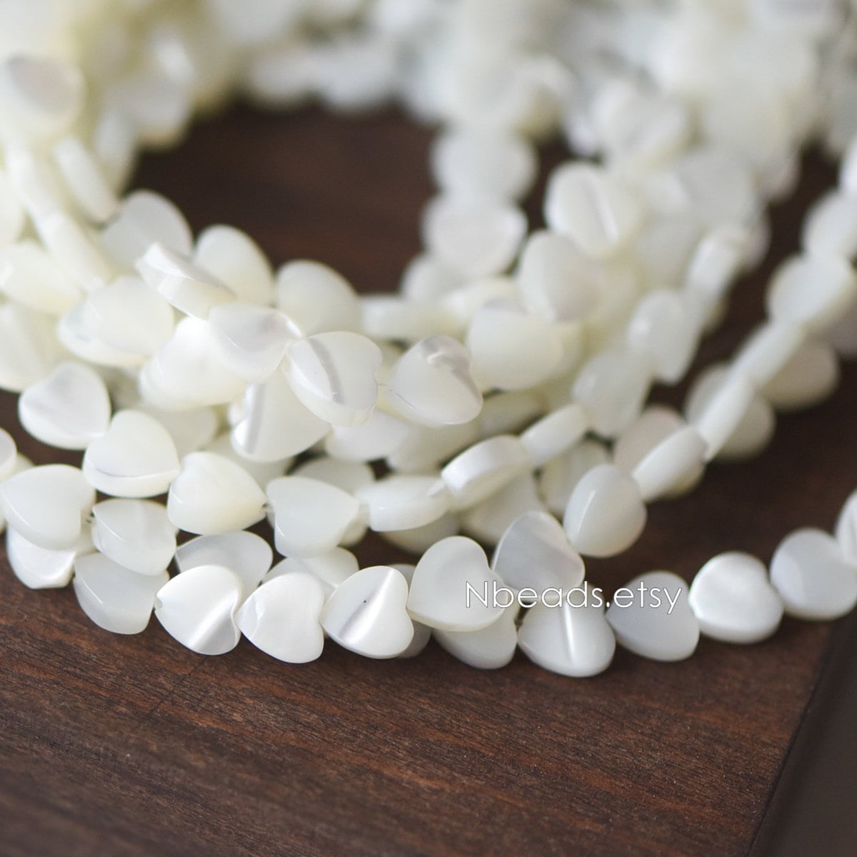 White Mother of Pearl Heart beads 6.5mm, Quality MOP Shell Heart Charms (#V1318-6) / 7.5 inch=19cm short strand