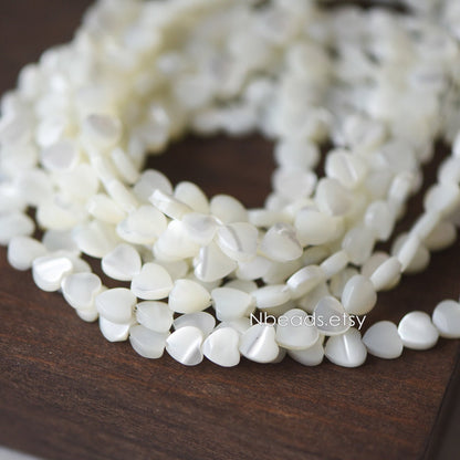White Mother of Pearl Heart beads 6.5mm, Quality MOP Shell Heart Charms (#V1318-6) / 7.5 inch=19cm short strand