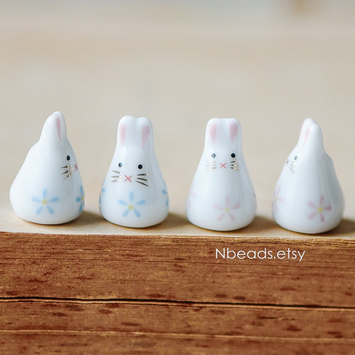 10pcs Kawaii Porcelain Bunny Beads, Floral Ceramic Rabbit beads, Pink Blue -(TC-132)