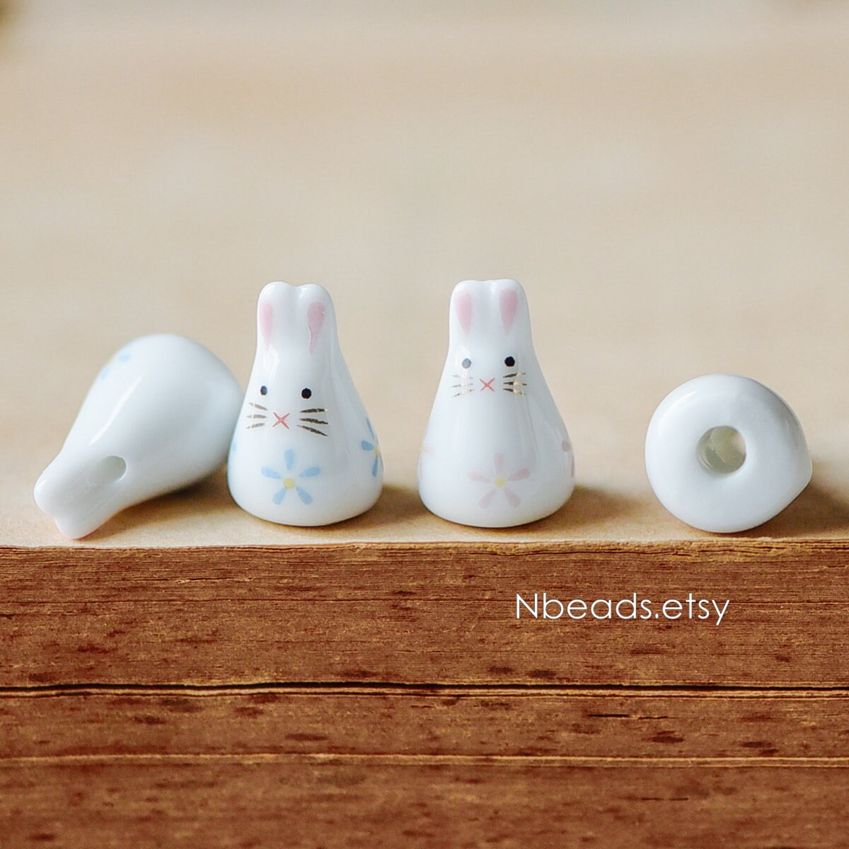 10pcs Kawaii Porcelain Bunny Beads, Floral Ceramic Rabbit beads, Pink Blue -(TC-132)