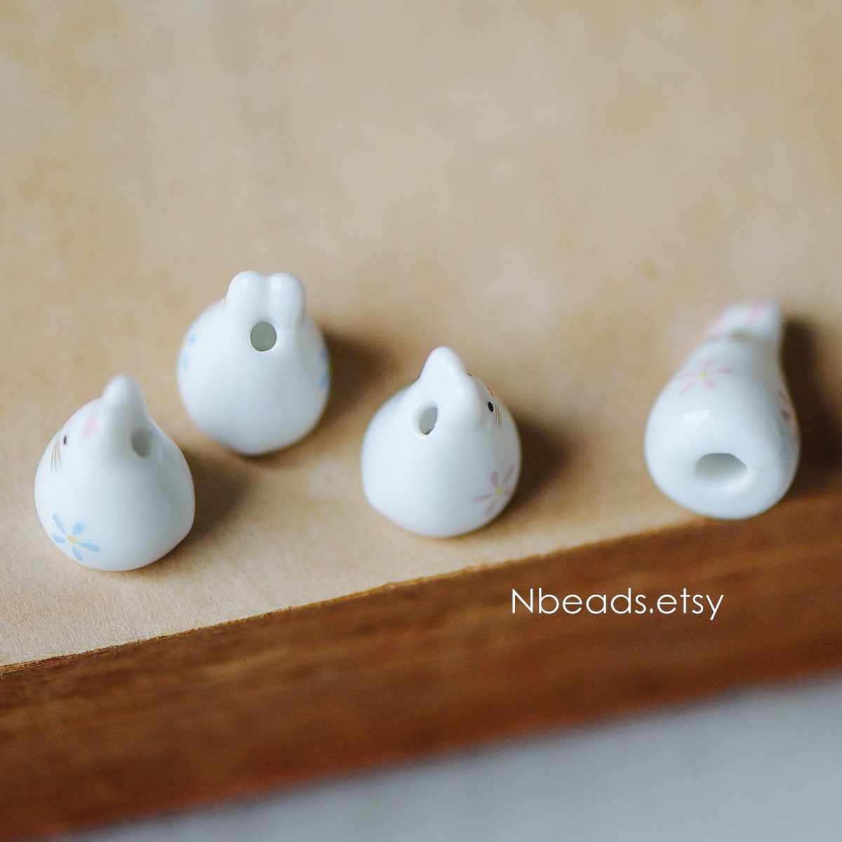 10pcs Kawaii Porcelain Bunny Beads, Floral Ceramic Rabbit beads, Pink Blue -(TC-132)
