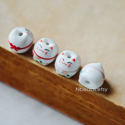 10 beads- Porcelain Lucky Cat beads 15mm, Ceramic Maneki Neko, Drilled with hole, White Red/ Pink Kawaii Cat-(TC-148)