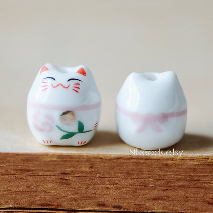 10 beads- Porcelain Lucky Cat beads 15mm, Ceramic Maneki Neko, Drilled with hole, White Red/ Pink Kawaii Cat-(TC-148)