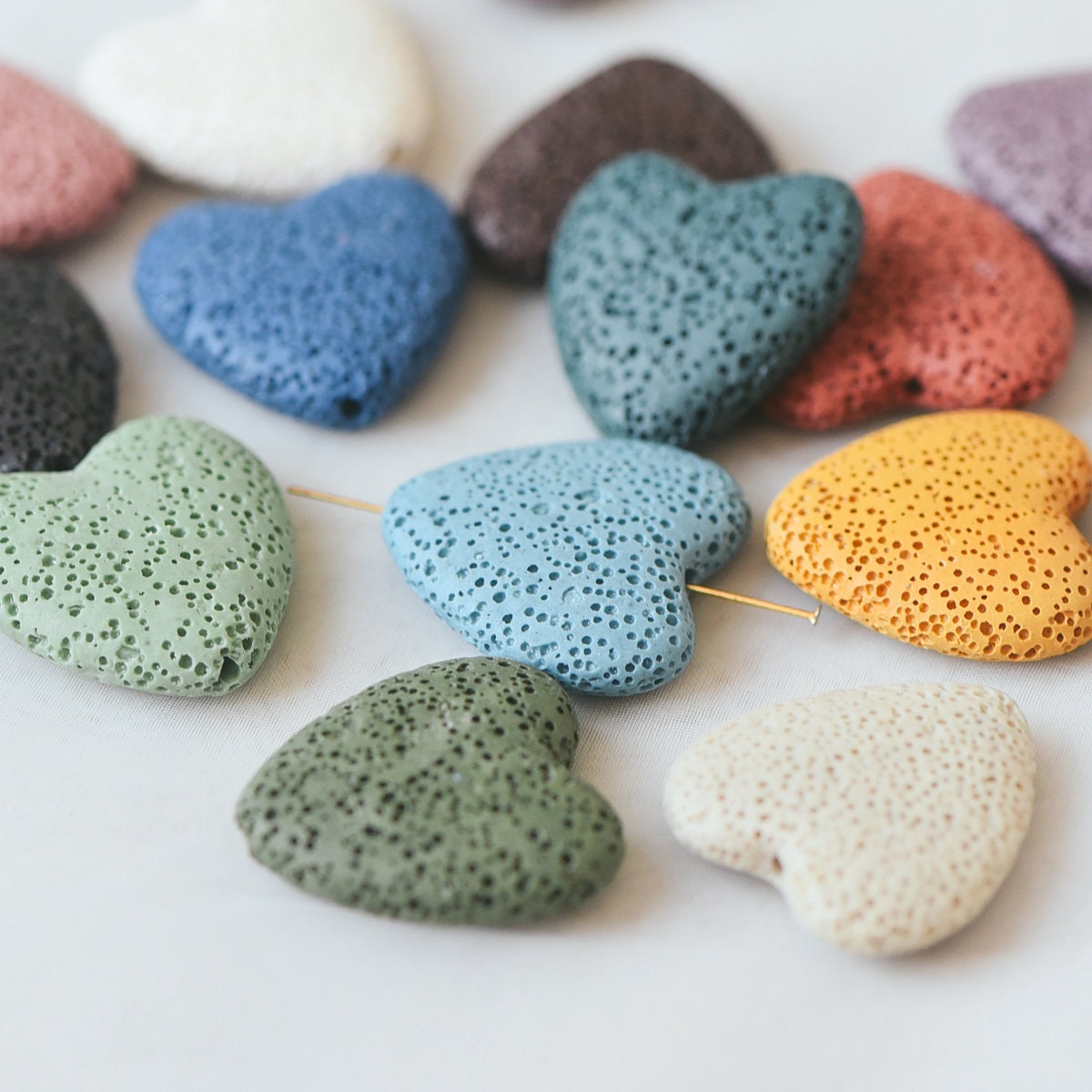 Volcanic Stone Heart Beads 20/ 29mm, Natural Lava Beads Wholesale, Rainbow Mix Color (#V6084)