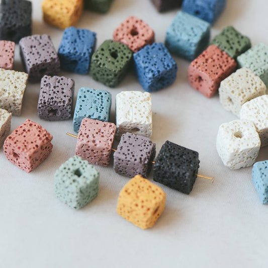Volcanic Stone Cube Beads 9/ 11mm, Natural Lava Square Beads Wholesale, Rainbow Mix Color (#V6086)/ full strand