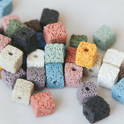 Volcanic Stone Cube Beads 9/ 11mm, Natural Lava Square Beads Wholesale, Rainbow Mix Color (#V6086)/ full strand