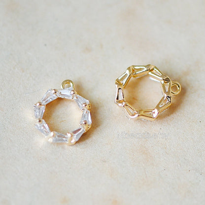 10pcs CZ Pave Gold Circle Charm Pendants 12x10mm, Real Gold plated Brass, Color Not Easily Tarnish (GB-342-3)