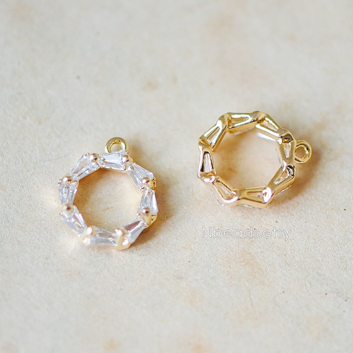 10pcs CZ Pave Gold Circle Charm Pendants 12x10mm, Real Gold plated Brass, Color Not Easily Tarnish (GB-342-3)