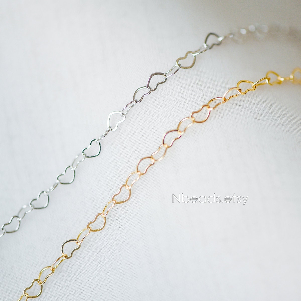 Gold/ Silver tone Heart Chains, Gold/ Rhodium/ Rose Gold plated Brass Designer Chain, 3.5mm Thin Decorative Chains (#LK-105)/ 1 Meter=3.3 ft