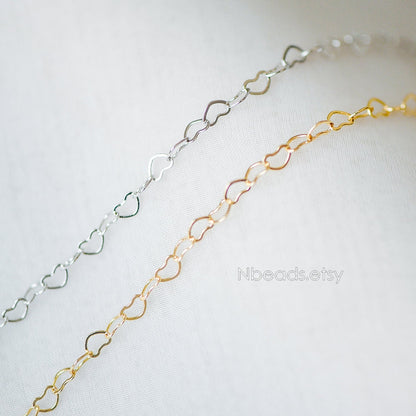 Gold/ Silver tone Heart Chains, Gold/ Rhodium/ Rose Gold plated Brass Designer Chain, 3.5mm Thin Decorative Chains (#LK-105)/ 1 Meter=3.3 ft