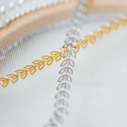 Gold/ Silver tone Flat Chevron Chain 6.3mm, Real Gold/ Rhodium plated Brass, Decorative Leaf Chain (#LK-161)/ 1 Meter=3.3ft