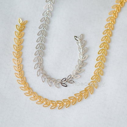Gold/ Silver tone Flat Chevron Chain 6.3mm, Real Gold/ Rhodium plated Brass, Decorative Leaf Chain (#LK-161)/ 1 Meter=3.3ft