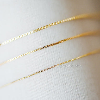 Gold plated Brass Box Chains, 0.7/ 0.8/ 0.9/ 1mm Thin, Color Not Easily Tarnish (#LK-166)/ 1 Meter=3.3 ft