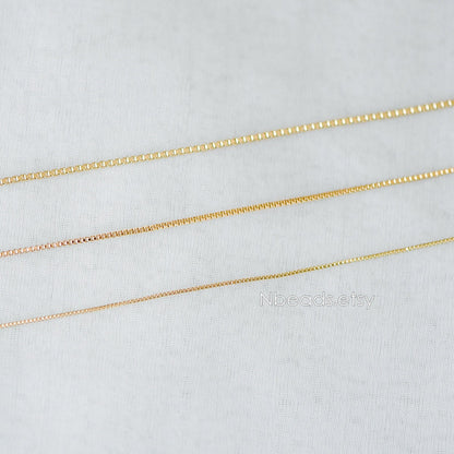 Gold plated Brass Box Chains, 0.7/ 0.8/ 0.9/ 1mm Thin, Color Not Easily Tarnish (#LK-166)/ 1 Meter=3.3 ft