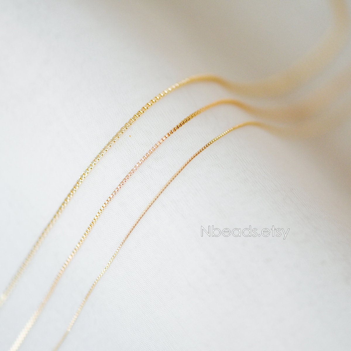 Gold plated Brass Box Chains, 0.7/ 0.8/ 0.9/ 1mm Thin, Color Not Easily Tarnish (#LK-166)/ 1 Meter=3.3 ft