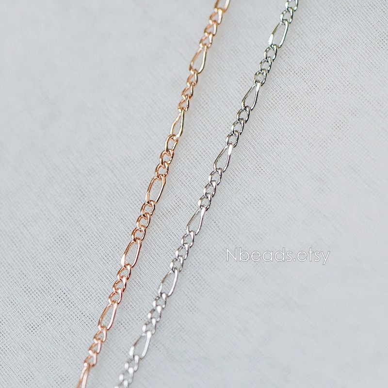 Gold/ Silver/ Rose God Figaro Chains, Real Gold/ Rhodium plated Brass, Color Not Easily Tarnish (#LK-168)/ 1 Meter=3.3 ft