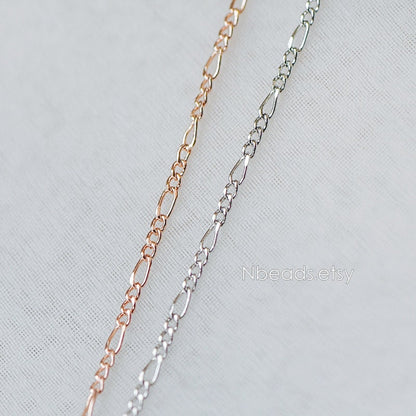 Gold/ Silver/ Rose God Figaro Chains, Real Gold/ Rhodium plated Brass, Color Not Easily Tarnish (#LK-168)/ 1 Meter=3.3 ft