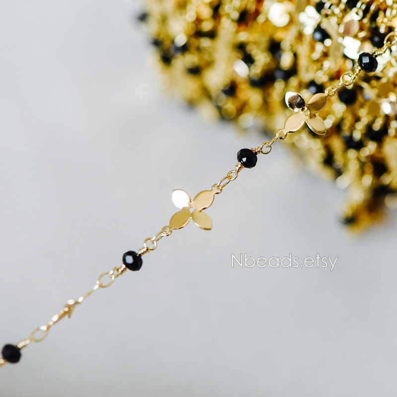 Crystal Glass Bead Chain with 11mm Flower, Gold plated Brass Designer Chain, Color Not Easily Tarnish (#LK-172)/ 1 Meter=3.3ft