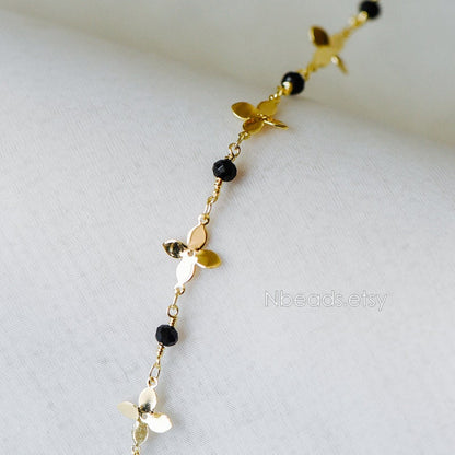 Crystal Glass Bead Chain with 11mm Flower, Gold plated Brass Designer Chain, Color Not Easily Tarnish (#LK-172)/ 1 Meter=3.3ft