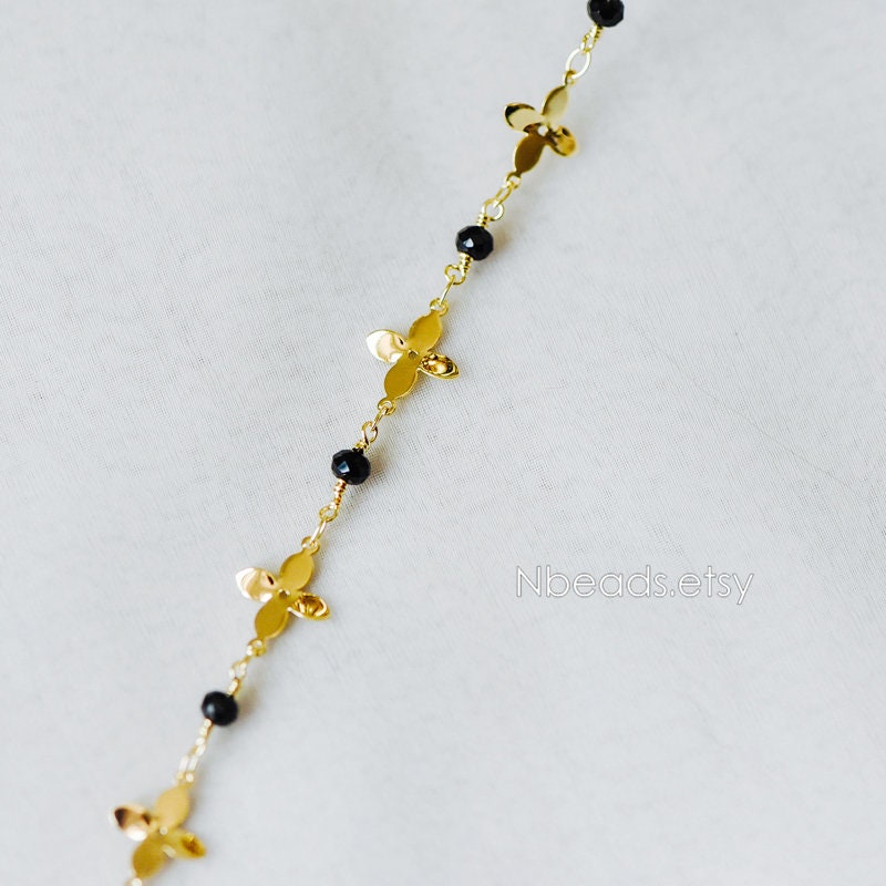 Crystal Glass Bead Chain with 11mm Flower, Gold plated Brass Designer Chain, Color Not Easily Tarnish (#LK-172)/ 1 Meter=3.3ft