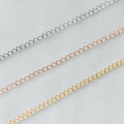 Gold/ Silver/ Rose Gold Curb Chain 3mm, Real Gold/ Rhodium Plated Brass "Extender" Chain, Color Not Easily Tarnish (LK-175)/ 1 meter