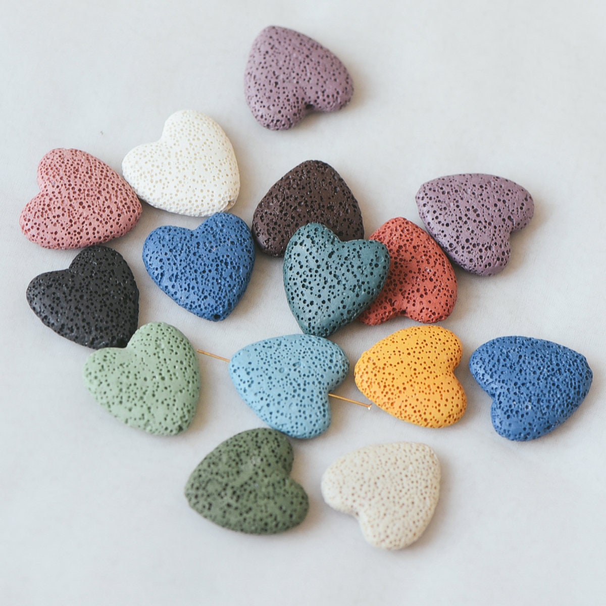 Volcanic Stone Heart Beads 20/ 29mm, Natural Lava Beads Wholesale, Rainbow Mix Color (#V6084)