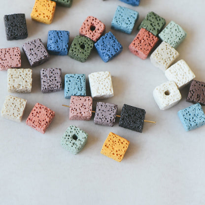 Volcanic Stone Cube Beads 9/ 11mm, Natural Lava Square Beads Wholesale, Rainbow Mix Color (#V6086)/ full strand