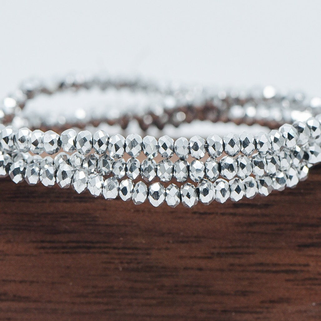 Crystal Faceted Rondelle Beads 2mm, Tiny Size Glass Spacer Beads, Metallic Silver Sparkly (BZ02-08) / 150 beads