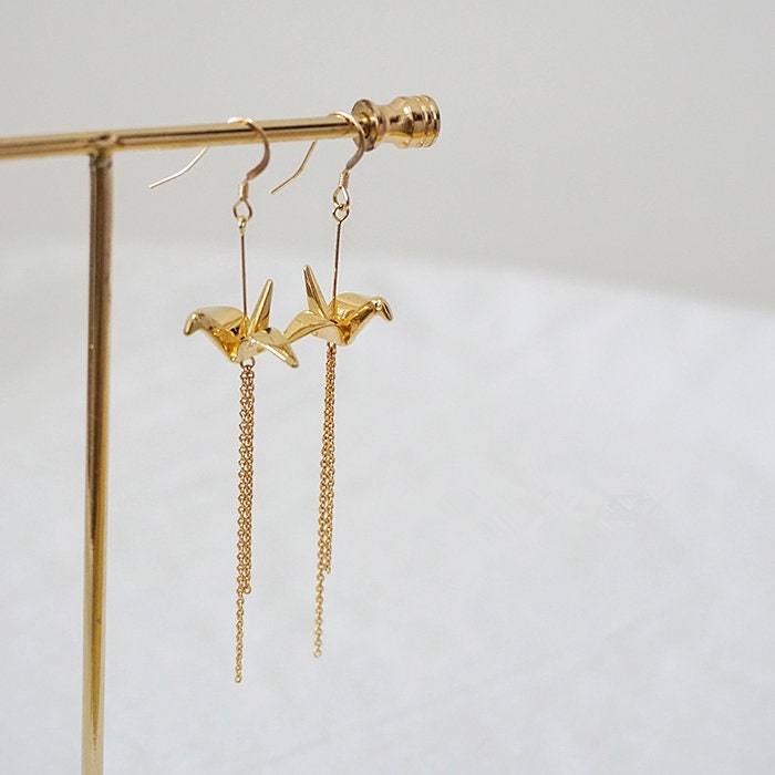 10pcs Origami Paper Crane Charms, Real Gold plated Brass Bird Beads 14/24mm, with A Hole Drilled Through (GB-072)