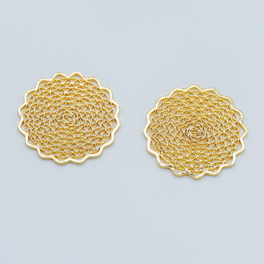 10pcs Gold/ Silver tone Filigree Round Charms 24mm, 18K Gold/ Rhodium plated Brass Floral Connectors (GB-366)