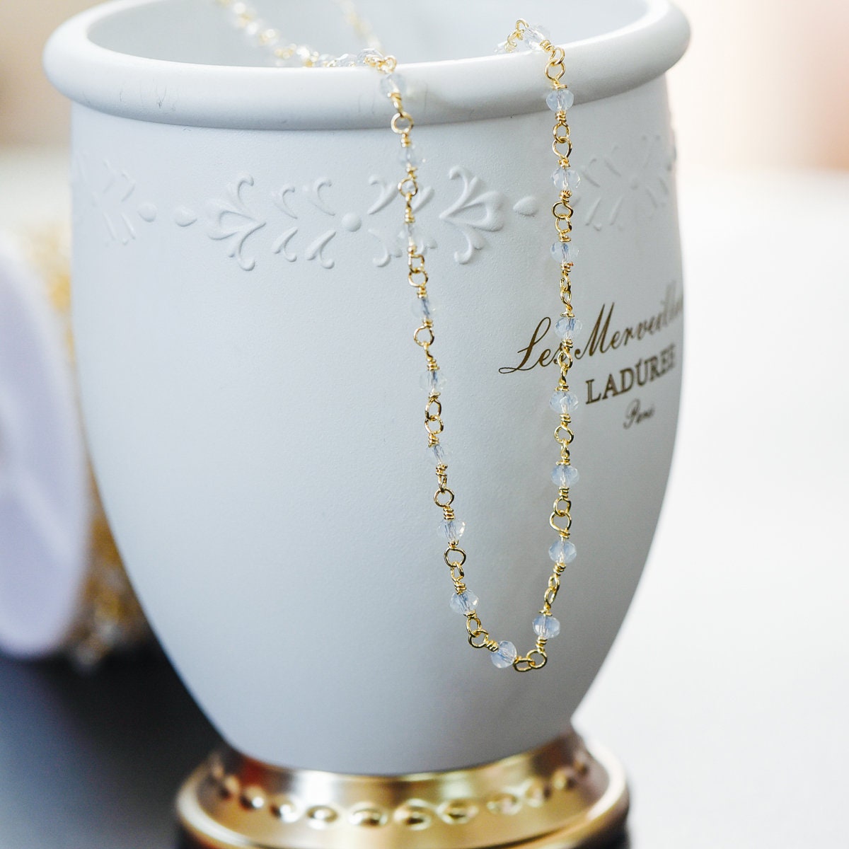 Gold plated Brass Crystal Bead Chains, Beaded Chains with 3.5mm Opal Glass Rondelles, Lead Nickel Free (#LK-184)/ 1 Meter=3.3 ft