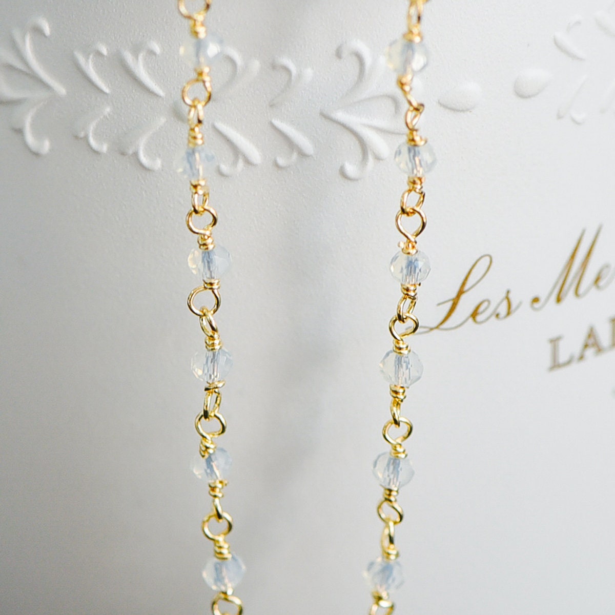 Gold plated Brass Crystal Bead Chains, Beaded Chains with 3.5mm Opal Glass Rondelles, Lead Nickel Free (#LK-184)/ 1 Meter=3.3 ft