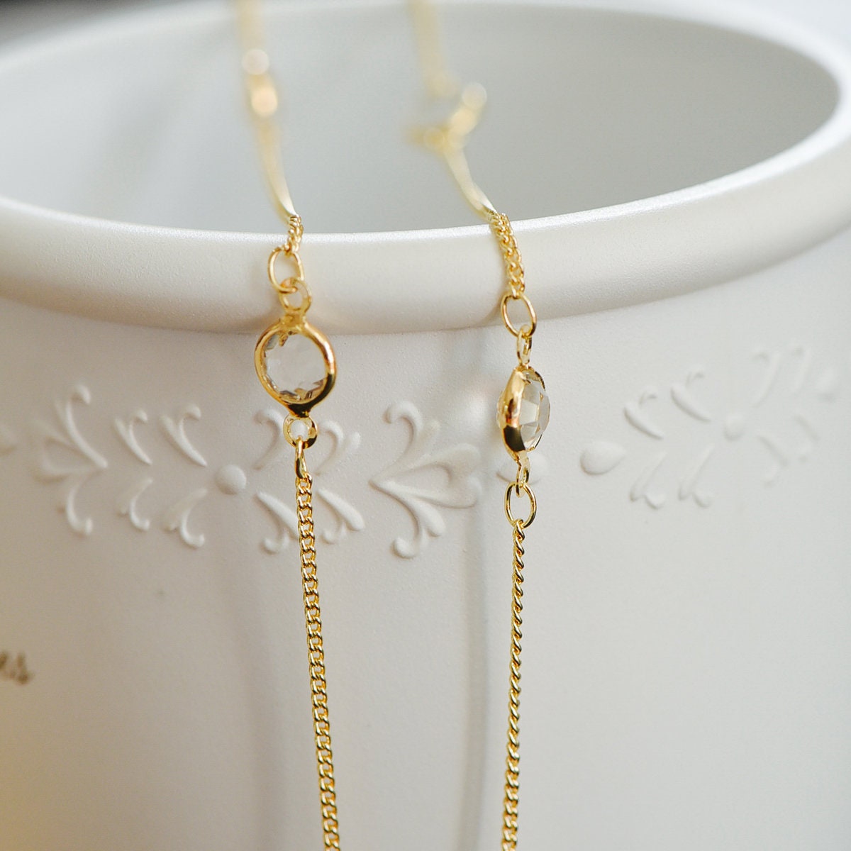 Gold plated Brass Crystal Beaded Chains, 1.3mm Chains with 7mm Flat Coin Clear Beads, Color Not Easily Tarnish (#LK-186)/ 1 Meter=3.3 ft