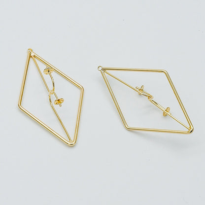 10pcs Gold Rhombus Pendants with Cap for Top Drilled Stone Pearls, Geometric Earring Pendants 47mm (GB-450)