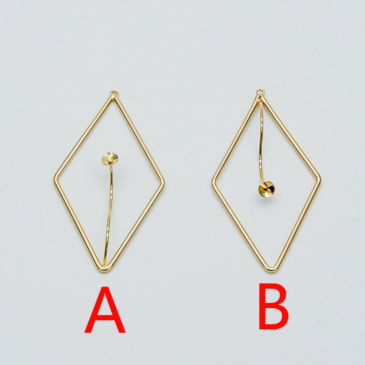 10pcs Gold Rhombus Pendants with Cap for Top Drilled Stone Pearls, Geometric Earring Pendants 47mm (GB-452)