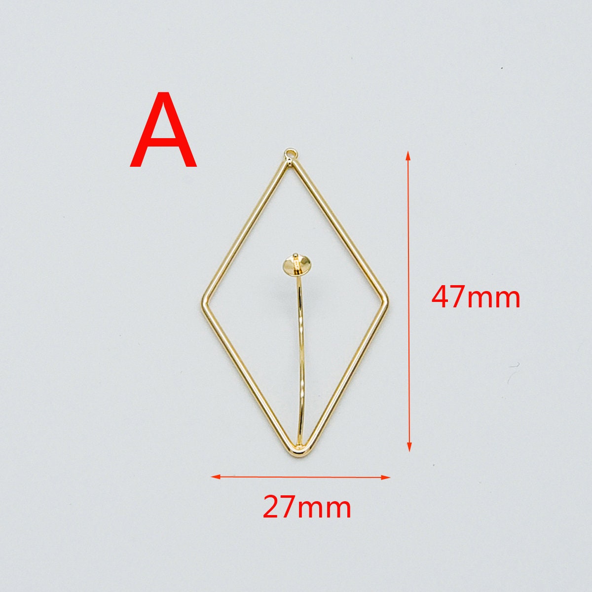 10pcs Gold Rhombus Pendants with Cap for Top Drilled Stone Pearls, Geometric Earring Pendants 47mm (GB-452)