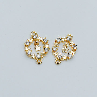 4pcs CZ Pave Gold Circle Charm Connectors 13x18mm, 18K Gold plated Brass, Christmas Ring Pendants with Star (GB-713-L)