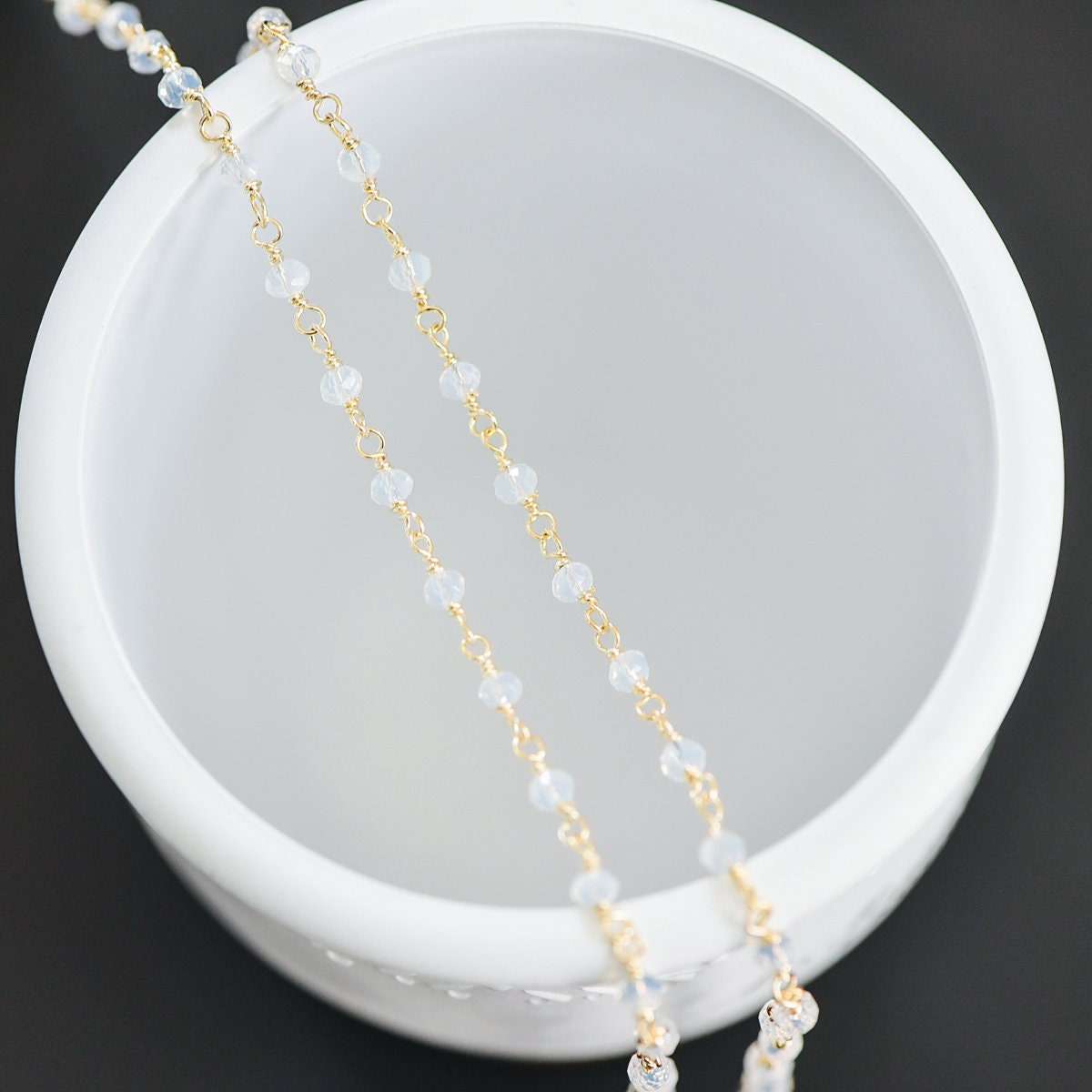 Gold plated Brass Crystal Bead Chains, Beaded Chains with 3.5mm Opal Glass Rondelles, Lead Nickel Free (#LK-184)/ 1 Meter=3.3 ft