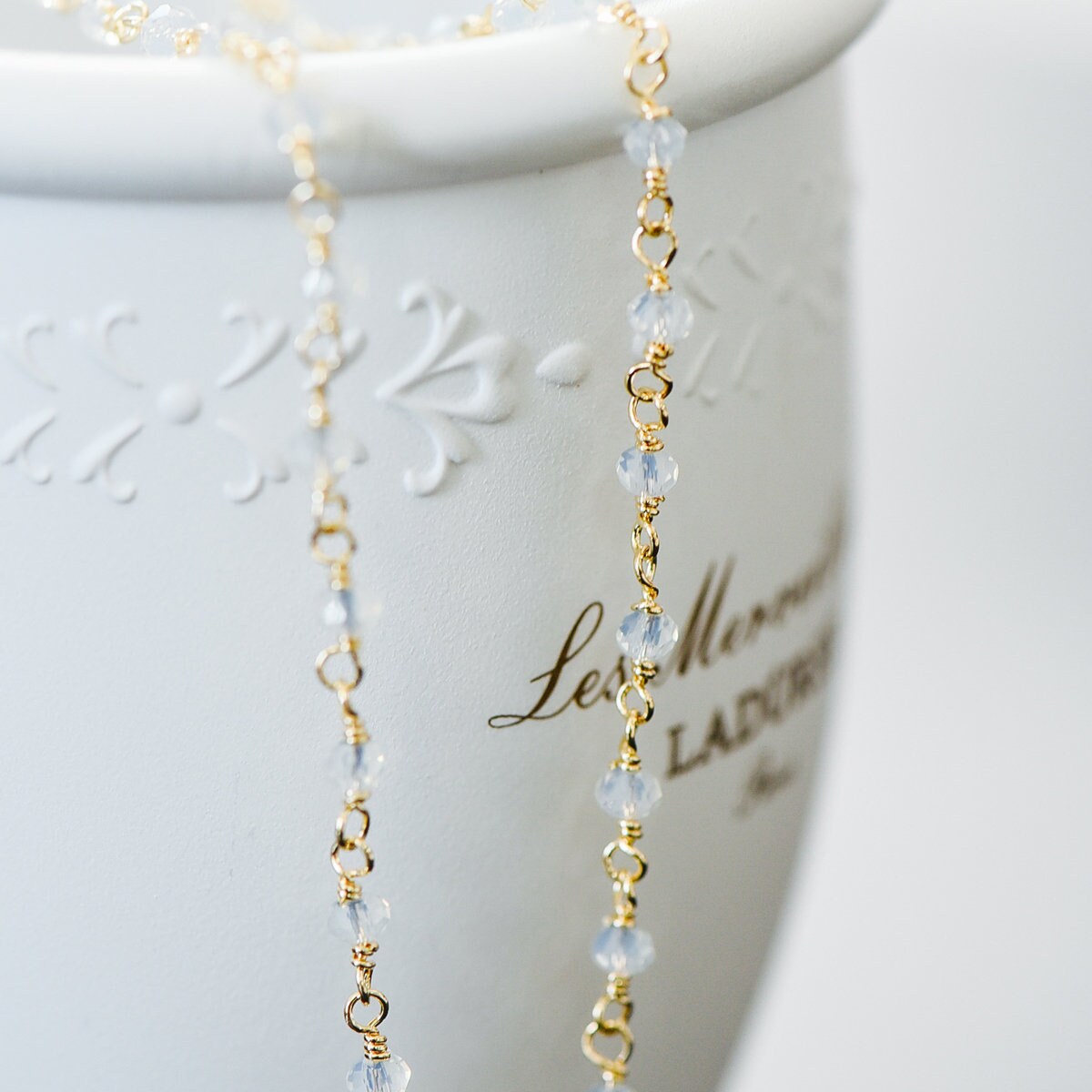 Gold plated Brass Crystal Bead Chains, Beaded Chains with 3.5mm Opal Glass Rondelles, Lead Nickel Free (#LK-184)/ 1 Meter=3.3 ft